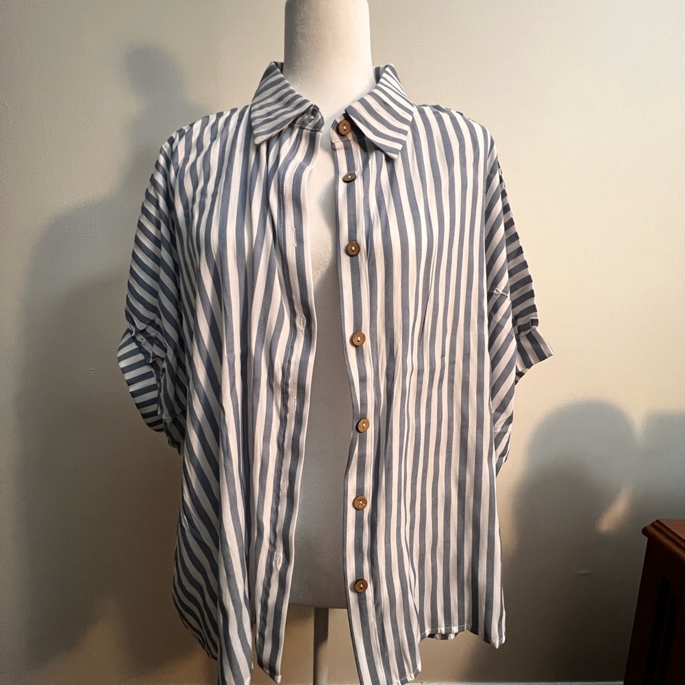 Adidas Blue and White Striped Button Down Shirt